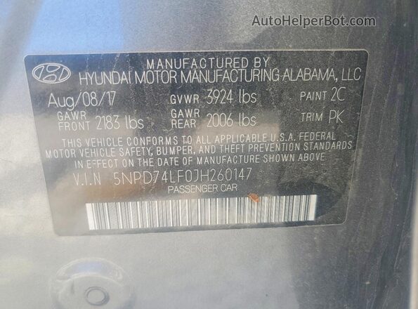 5NPD74LF0JH260147 2018 HYUNDAI ELANTRA Gray 