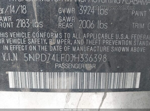 5NPD74LF0JH336398 2018 HYUNDAI ELANTRA Серебряный Вид подкапотного пространства