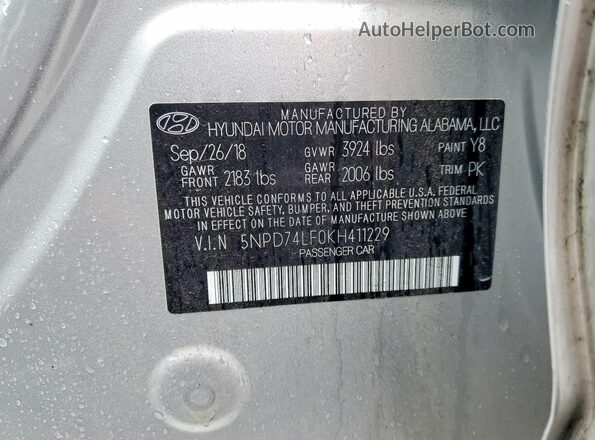 5NPD74LF0KH411229 2019 HYUNDAI ELANTRA Silver Вид підкапотного простору