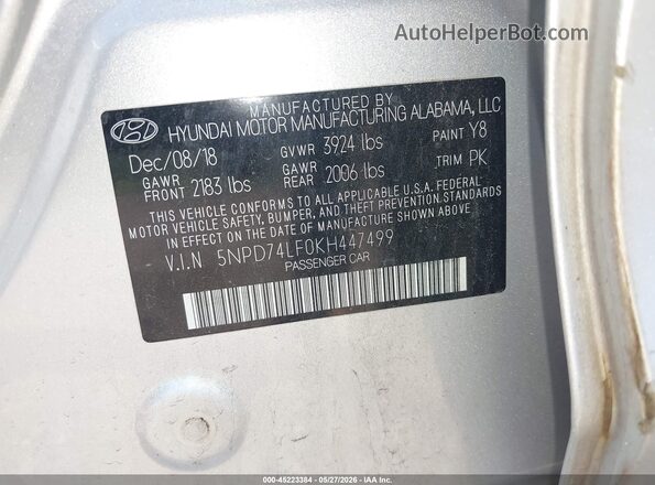 5NPD74LF0KH447499 2019 HYUNDAI ELANTRA Gray Widok komory silnika