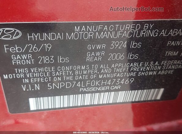 5NPD74LF0KH473469 2019 HYUNDAI ELANTRA Red 