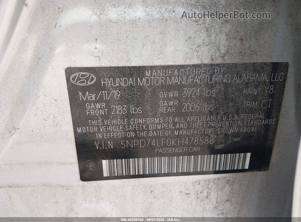 5NPD74LF0KH478588 2019 HYUNDAI ELANTRA Серебряный Вид подкапотного пространства