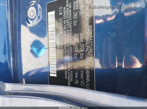 5NPD74LF0LH610900 2020 HYUNDAI ELANTRA Blue 