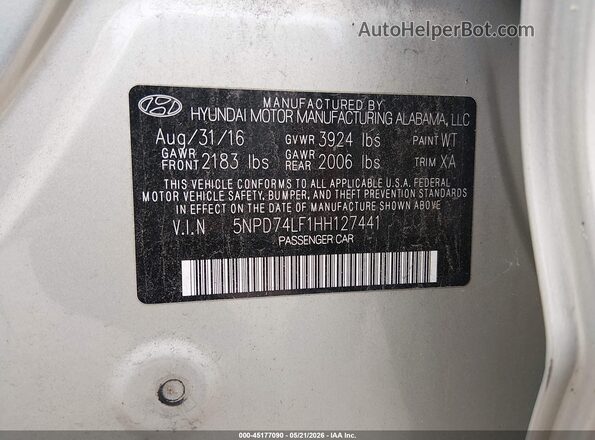5NPD74LF1HH127441 2017 HYUNDAI ELANTRA Cream 