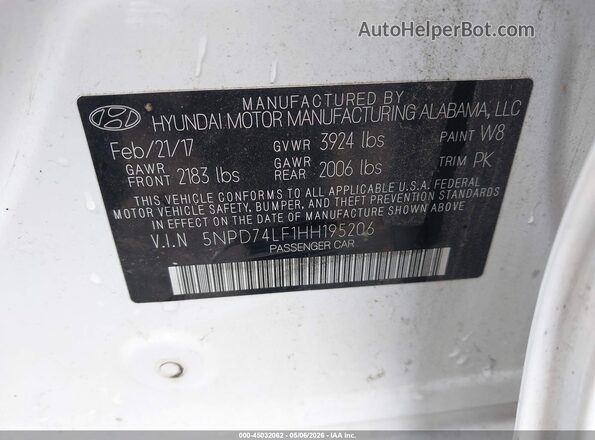 5NPD74LF1HH195206 2017 HYUNDAI ELANTRA Белый Вид подкапотного пространства