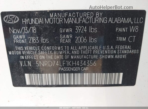 5NPD74LF1KH434356 2019 HYUNDAI ELANTRA White Вид підкапотного простору
