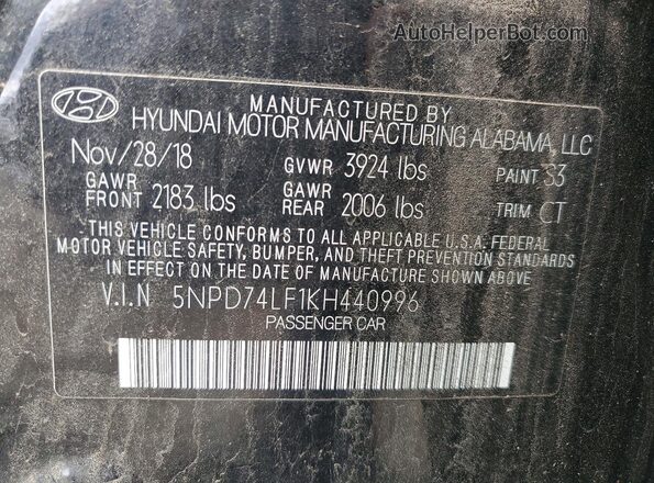 5NPD74LF1KH440996 2019 HYUNDAI ELANTRA Black Widok naklejki z numerem VIN