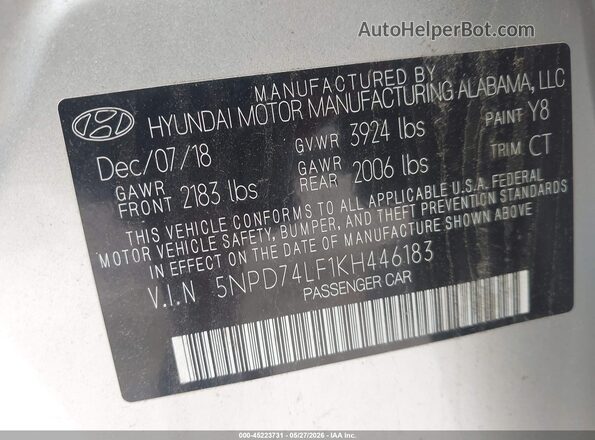 5NPD74LF1KH446183 2019 HYUNDAI ELANTRA Silver Engine compartment view