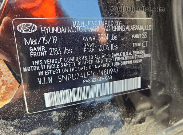 5NPD74LF1KH480947 2019 HYUNDAI ELANTRA Black 