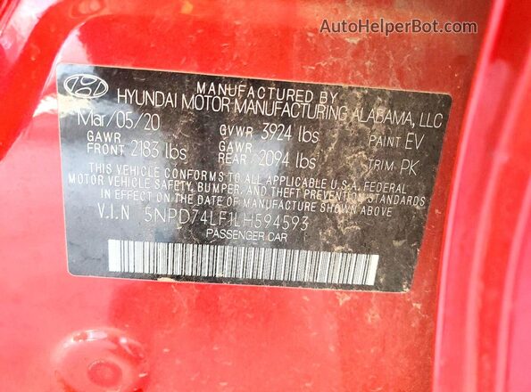 5NPD74LF1LH594593 2020 HYUNDAI ELANTRA Red Widok komory silnika