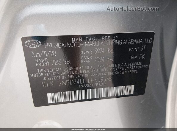 5NPD74LF1LH603535 2020 HYUNDAI ELANTRA Silver Շարժիչի բաժամունքի տեսք