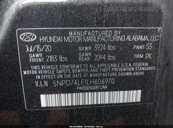 5NPD74LF1LH606970 2020 HYUNDAI ELANTRA Black 