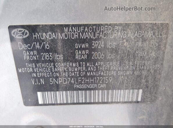 5NPD74LF2HH172159 2017 HYUNDAI ELANTRA Серый Вид подкапотного пространства