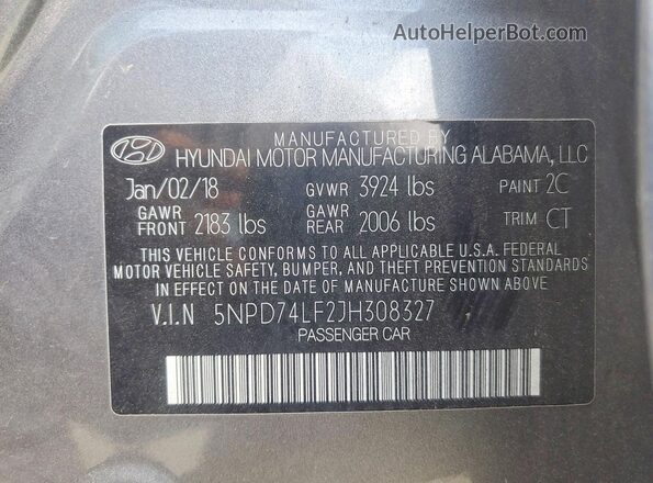 5NPD74LF2JH308327 2018 HYUNDAI ELANTRA Gray 