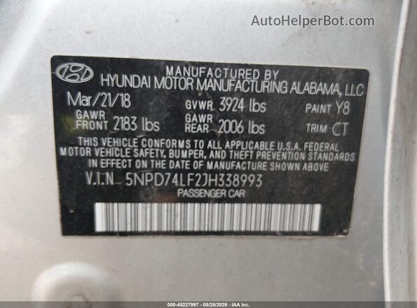 5NPD74LF2JH338993 2018 HYUNDAI ELANTRA Silver 