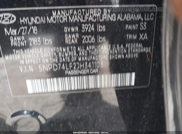 5NPD74LF2JH341103 2018 HYUNDAI ELANTRA Black Vista del compartimento del motor