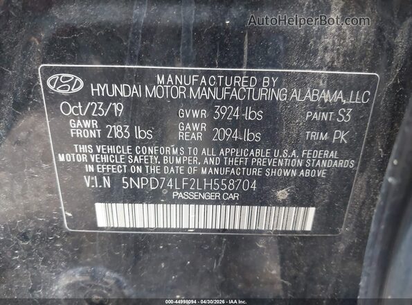 5NPD74LF2LH558704 2020 HYUNDAI ELANTRA Black Engine compartment view