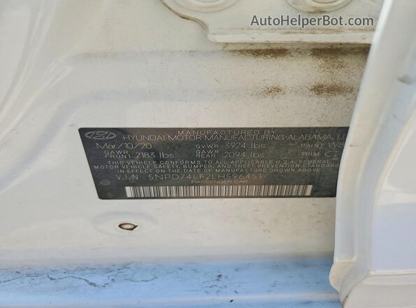 5NPD74LF2LH596451 2020 HYUNDAI ELANTRA White 