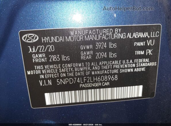 5NPD74LF2LH608968 2020 HYUNDAI ELANTRA Blue 