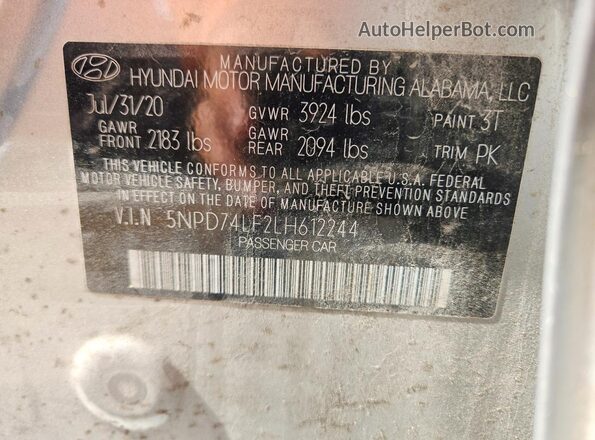 5NPD74LF2LH612244 2020 HYUNDAI ELANTRA Silver 