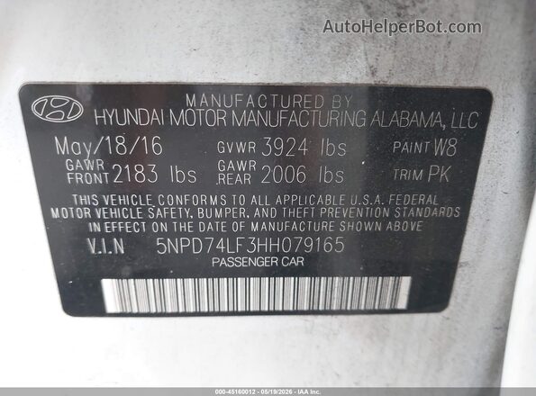 5NPD74LF3HH079165 2017 HYUNDAI ELANTRA White 