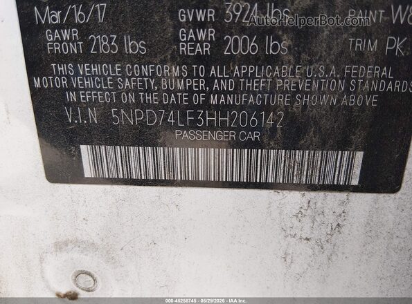 5NPD74LF3HH206142 2017 HYUNDAI ELANTRA White Engine compartment view