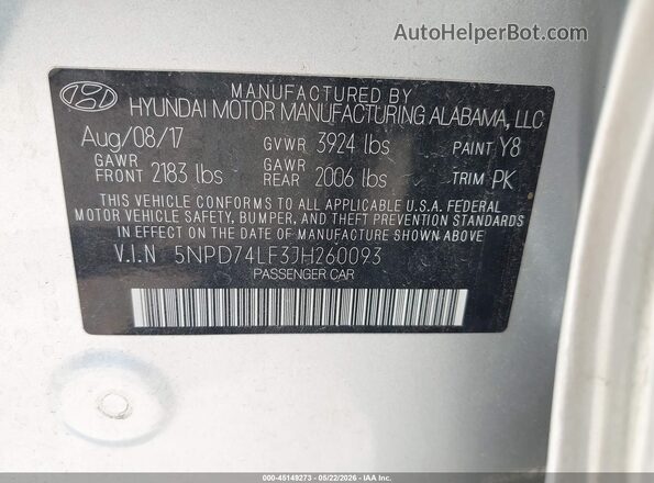 5NPD74LF3JH260093 2018 HYUNDAI ELANTRA Серебряный Вид подкапотного пространства