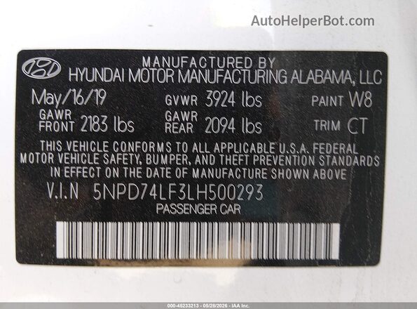 5NPD74LF3LH500293 2020 HYUNDAI ELANTRA Белый Вид подкапотного пространства