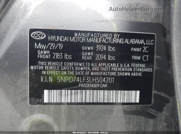 5NPD74LF3LH504201 2020 HYUNDAI ELANTRA Gray Engine compartment view