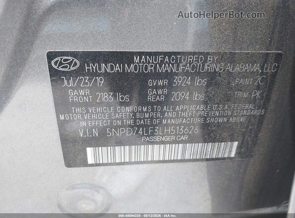 5NPD74LF3LH513626 2020 HYUNDAI ELANTRA Gray Vista del compartimento del motor