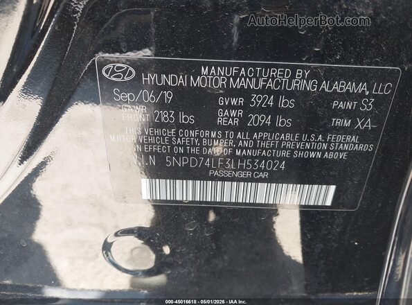 5NPD74LF3LH534024 2020 HYUNDAI ELANTRA Black Engine compartment view