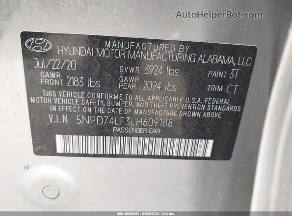 5NPD74LF3LH609188 2020 HYUNDAI ELANTRA Silver ძრავის განყოფილების ხედი