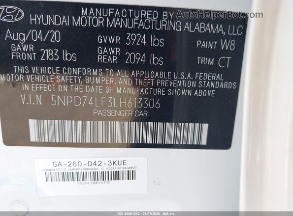 5NPD74LF3LH613306 2020 HYUNDAI ELANTRA White Vista del compartimento del motor