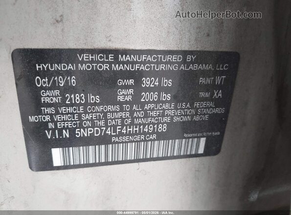 5NPD74LF4HH149188 2017 HYUNDAI ELANTRA Champagne Vista del compartimento del motor