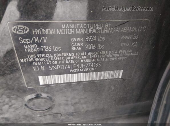 5NPD74LF4JH274133 2018 HYUNDAI ELANTRA Black 