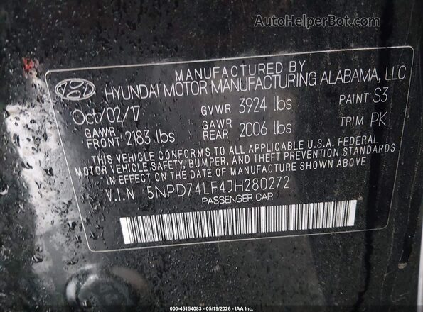 5NPD74LF4JH280272 2018 HYUNDAI ELANTRA Black Вид підкапотного простору