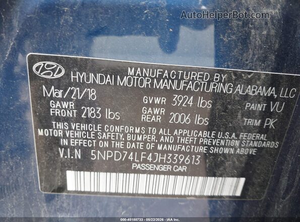 5NPD74LF4JH339613 2018 HYUNDAI ELANTRA Blue 