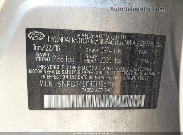5NPD74LF4JH381117 2018 HYUNDAI ELANTRA Silver ძრავის განყოფილების ხედი