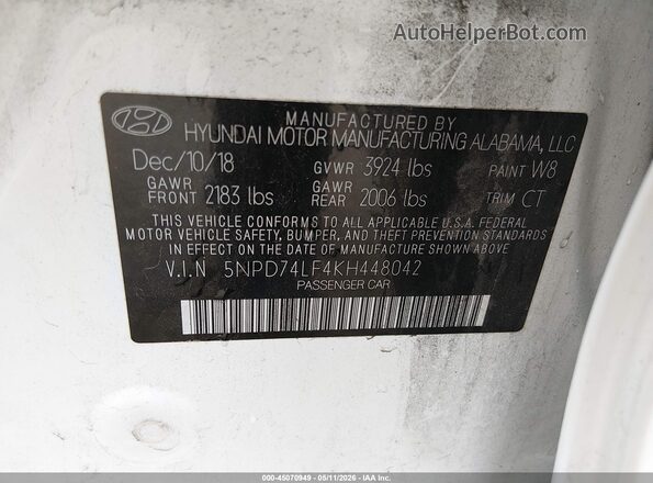 5NPD74LF4KH448042 2019 HYUNDAI ELANTRA White Engine compartment view
