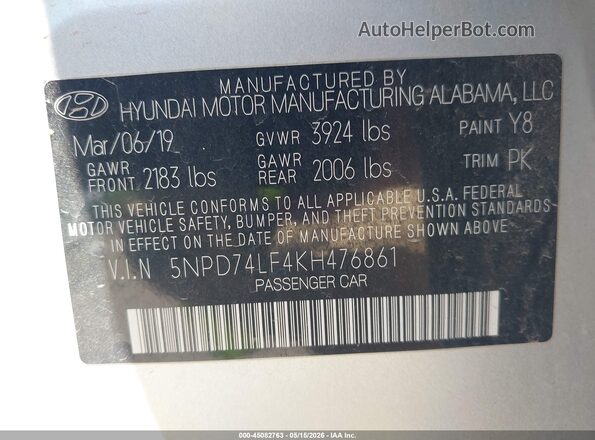 5NPD74LF4KH476861 2019 HYUNDAI ELANTRA Silver Engine compartment view