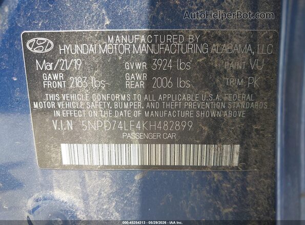 5NPD74LF4KH482899 2019 HYUNDAI ELANTRA Синий Вид подкапотного пространства