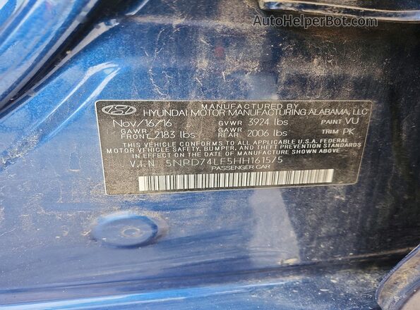 5NPD74LF5HH161575 2017 HYUNDAI ELANTRA Blue Շարժիչի բաժամունքի տեսք