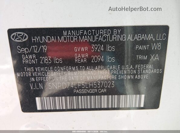 5NPD74LF5LH537023 2020 HYUNDAI ELANTRA White Engine compartment view