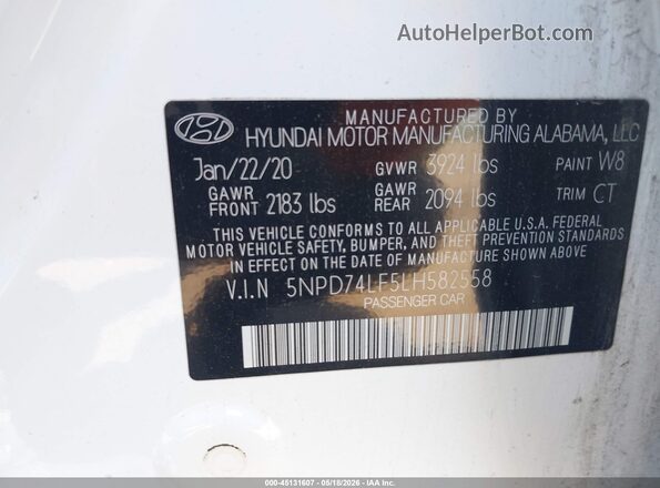 5NPD74LF5LH582558 2020 HYUNDAI ELANTRA White Շարժիչի բաժամունքի տեսք