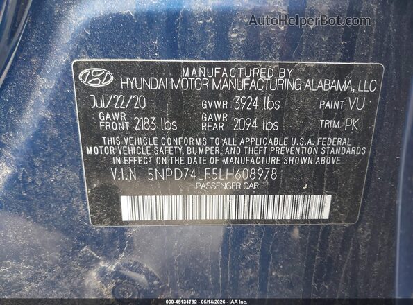 5NPD74LF5LH608978 2020 HYUNDAI ELANTRA Blue 