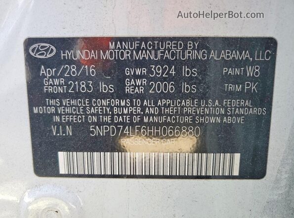 5NPD74LF6HH066880 2017 HYUNDAI ELANTRA White 