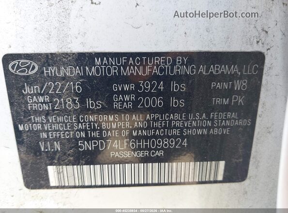 5NPD74LF6HH098924 2017 HYUNDAI ELANTRA White 