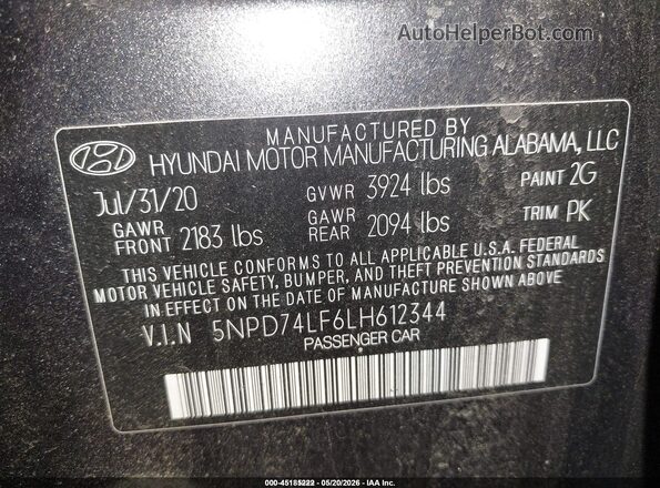 5NPD74LF6LH612344 2020 HYUNDAI ELANTRA Gray 
