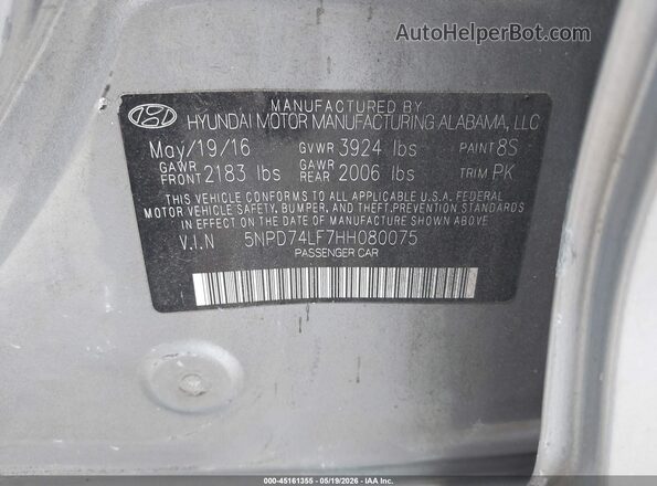 5NPD74LF7HH080075 2017 HYUNDAI ELANTRA Silver Vista del compartimento del motor