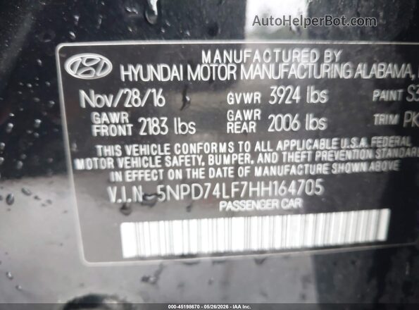 5NPD74LF7HH164705 2017 HYUNDAI ELANTRA Черный Вид подкапотного пространства